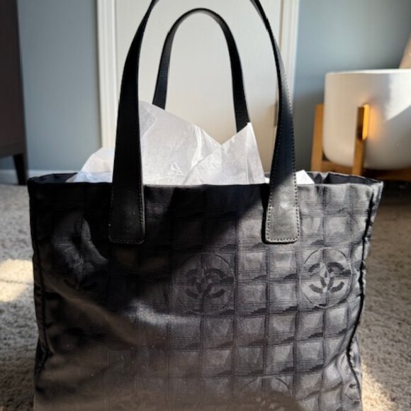 Chanel Handbags - Chanel New Travel Line Tote MM Bag Nylon Jacquard Leather Black